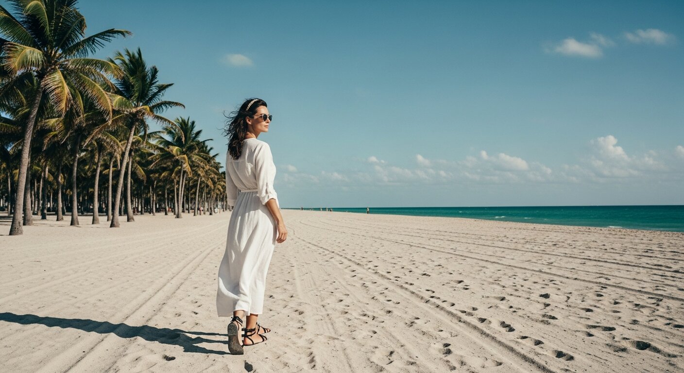 A woman walking on a quiet stretch of Lummus Park beach in Miami Beach during summer, with palm trees and ocean in background.